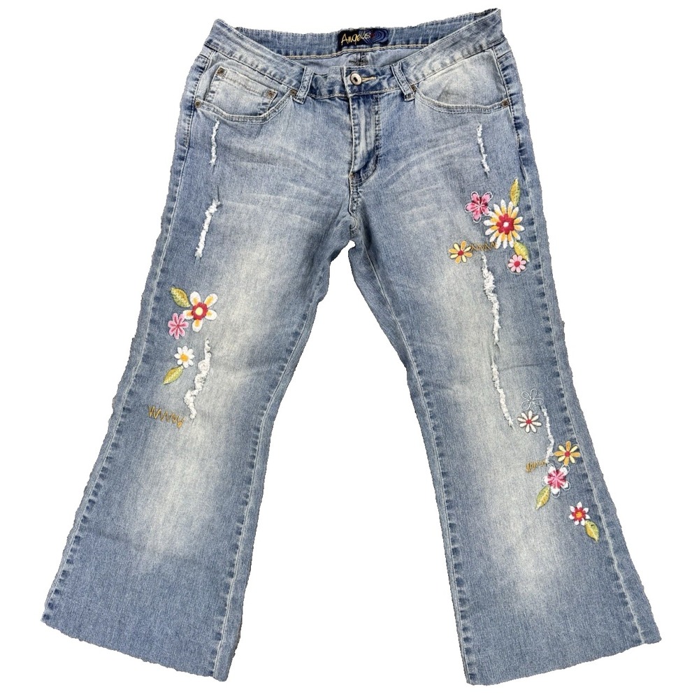 Angels Jeans Women 13 Jrs Crop Embroidered Floral Distress Flare Boho Hippie 90s